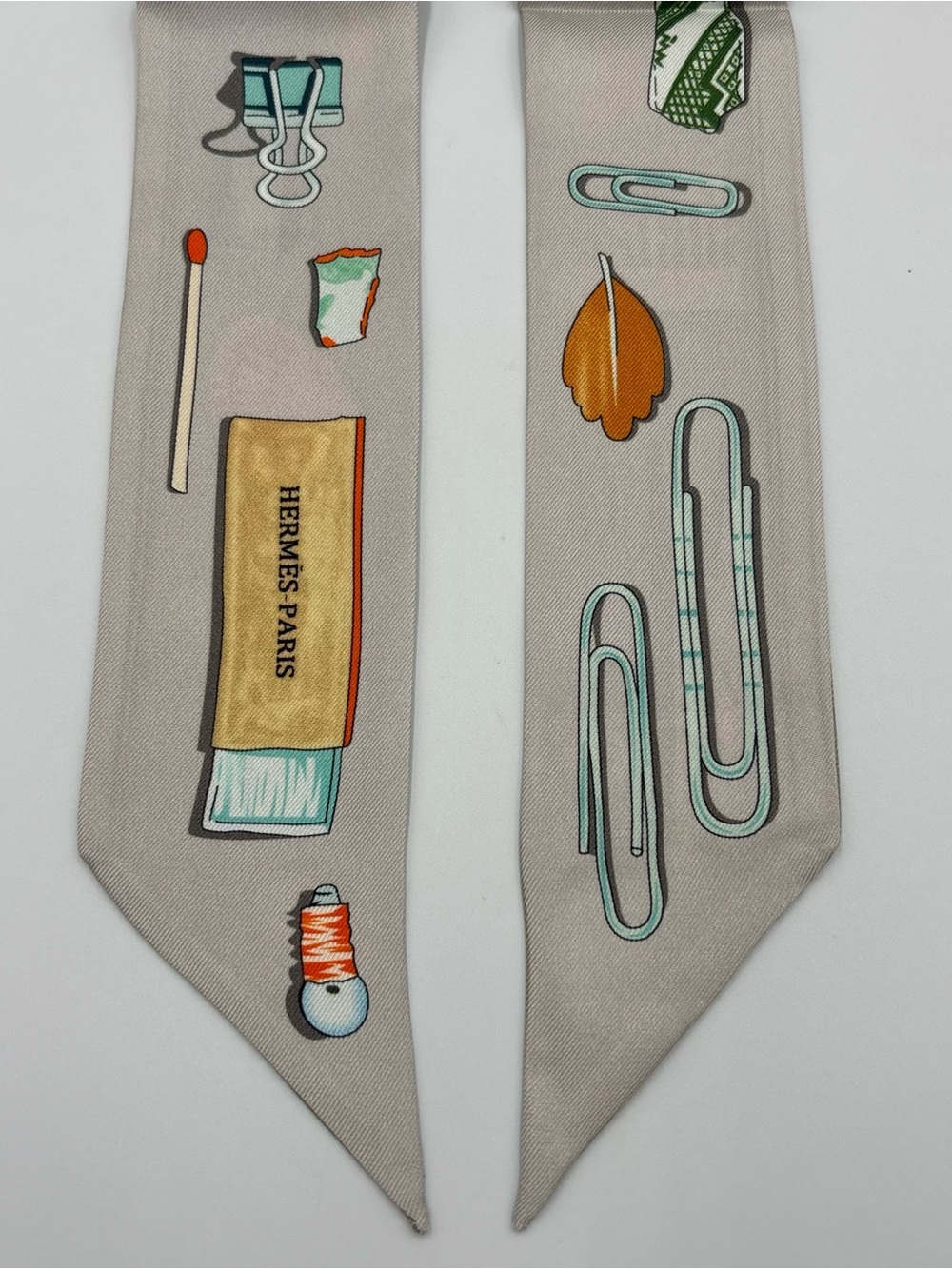 Hermès In the Pocket Silk Twilly Scarf Sage Green Taupe Objects Print - Picture 3 of 6